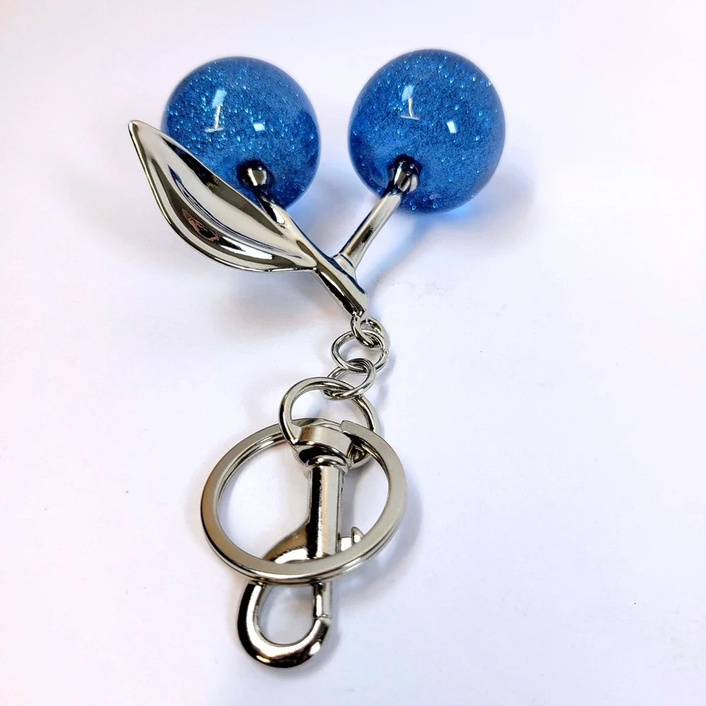Bag Charm Keychain Glitter Resin Double Cherry Blue Women Retro Whimsical